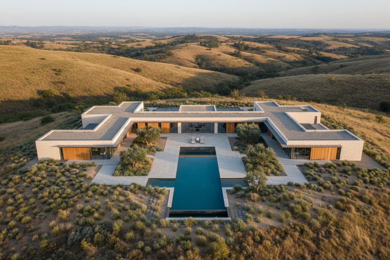 Aerial view of a modern property and its surroundings, calm and balanced composition, soft natural light, warm neutral tones, sense of order and clarity, realistic architecture, no dramatic effects, no luxury emphasis, professional and timeless, no people, no text, no futuristic elements
