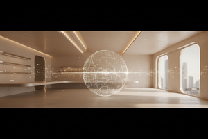 “Minimal, premium visual for a B2B digital services brand. Modern architectural interior space in warm beige and gold tones, clean lines, soft lighting. Abstract representation of 360° virtual tours and digital space scanning using subtle wireframe grids and light data lines. Professional, elegant, high-end look. No people, no text, no logos. Suitable for a website hero or service collection image.”
