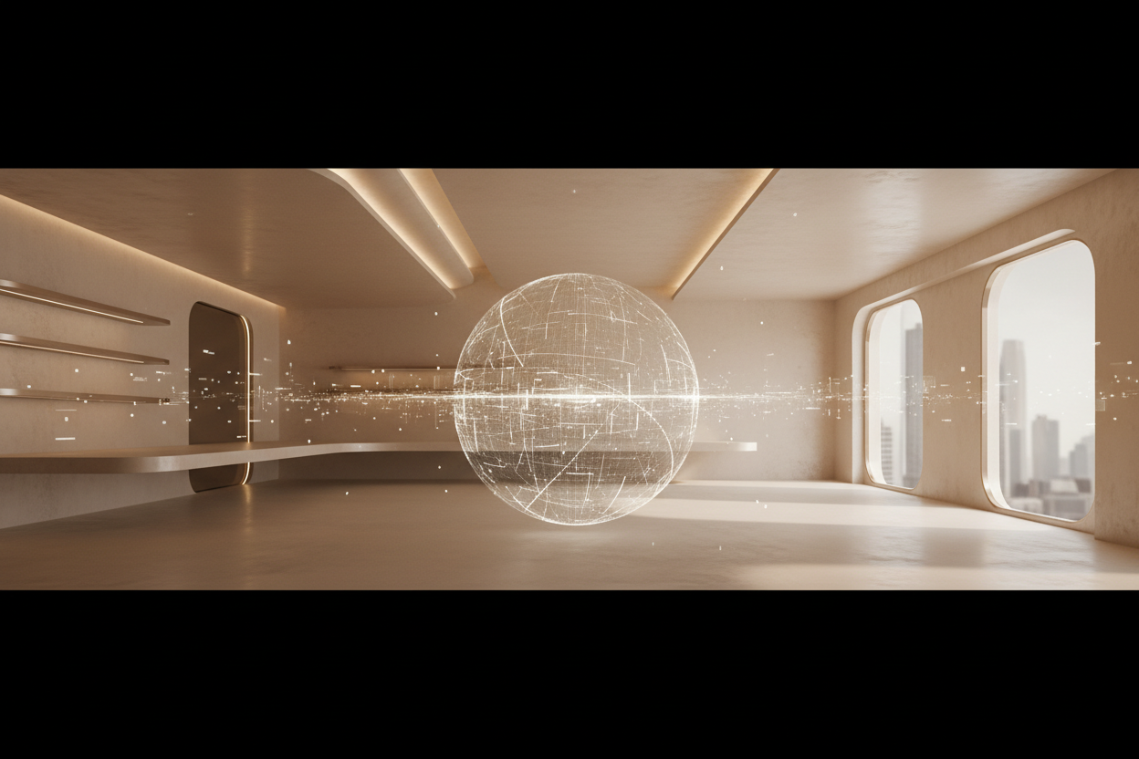 “Minimal, premium visual for a B2B digital services brand. Modern architectural interior space in warm beige and gold tones, clean lines, soft lighting. Abstract representation of 360° virtual tours and digital space scanning using subtle wireframe grids and light data lines. Professional, elegant, high-end look. No people, no text, no logos. Suitable for a website hero or service collection image.”